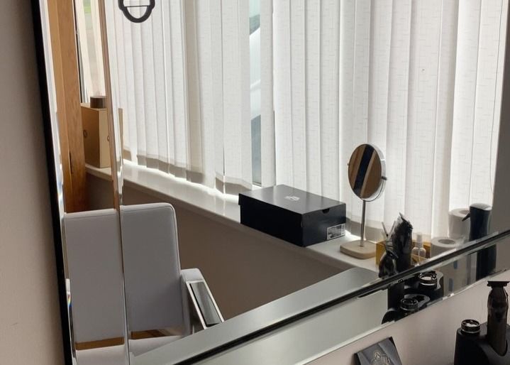 The set-up: mirror, chair and tools ready for the next client